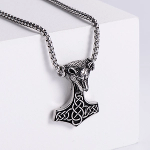 Viking Thor's hammer pendant with wolf head and Celtic knot on silver box chain