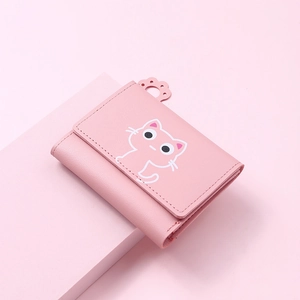 Pink cat theme short wallet featuring cute kitten illustration and cat paw puller detail