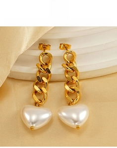 Close-up of 18K gold-plated chain earrings with white heart pearl pendants on silk