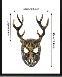 Front view of bronze deer skull mask with precise dimensions in cm and inches