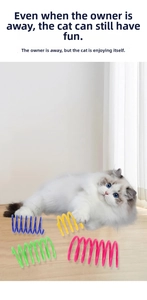 Colorful spring cat toys in blue, yellow, green and pink for interactive pet play