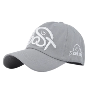 Macro side view of grey baseball cap with white 3D embroidery and push_me text