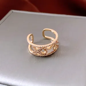 French style zircon butterfly ring with white shell star design in gold open band