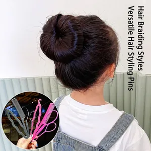 Kids hair braiding tool set with pink topsy tail tools and combs for bun hairstyles