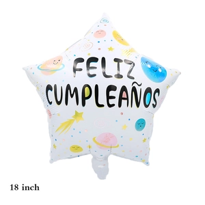 Detailed 18 inch star-shaped foil balloon with Feliz Cumpleaños text and space pattern
