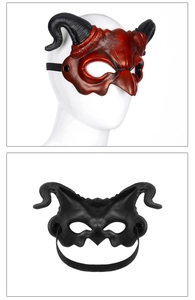 Detail of red and black gradient devil horn mask with adjustable elastic headband