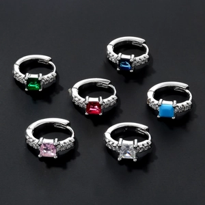 Fashion silver hoop earrings with square colorful cubic zirconia in six vibrant colors