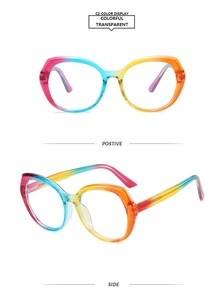 Macro detail of TR90 glasses with rainbow gradient frames in front and side views