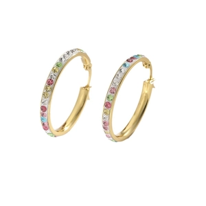 Chic gold hoop earrings with multi-colored crystals in a full pave setting for women