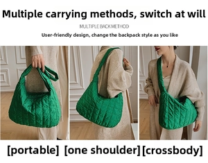 Three-way carry options for bright green quilted puffer tote bag as handbag and crossbody
