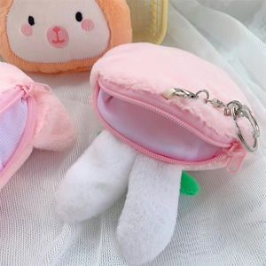 Cute plush animal coin purse with rabbit and bear designs featuring zipper and keychain