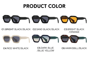 Variety of polygon sunglasses in six colors including black, white, and tortoise frames