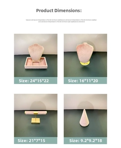 Detailed size chart for pink velvet jewelry displays with base dimensions and product types