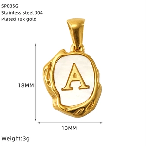 18K gold plated letter A pendant in 304 stainless steel with white shell inlay
