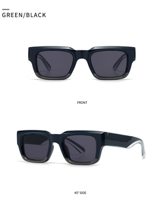 Front and 45-degree side views of modern square chunky frame sunglasses in green and black