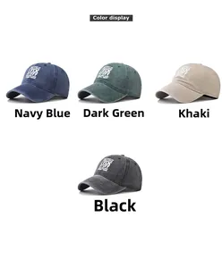 Detailed color display of washed cotton baseball caps in navy, green, khaki and black