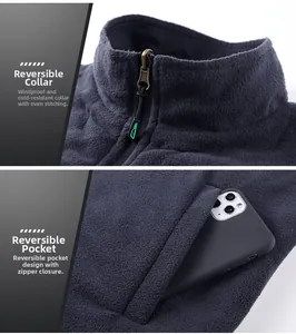 Detail of warm fleece vest collar and secure zip pockets with precision stitching