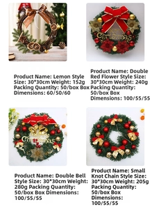 Close-up of four 30cm Christmas wreaths with pine needles, ribbons and golden bells