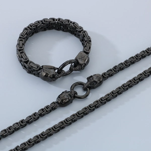 Dark punk skull necklace and bracelet set in black titanium steel for men fashion