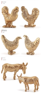 Detailed views of gold miniature farm animal models including cock, hen and donkey