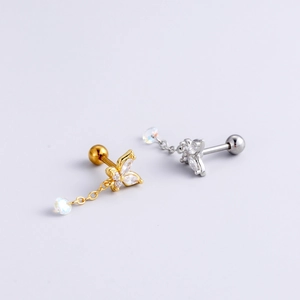 Boucles d'oreilles papillon en acier inoxydable avec zircons et pendentifs en or et argent