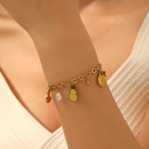 Sweet Stainless Steel Fruit Pendant Bracelet For Women Gold Plated Lemon Banana Star Imitation Artificial Pearl Charm Jewelry