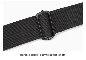 Close-up of thick adjustable black strap with durable metal buckle on men chest bag