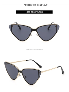 Detailed front and side view of gold metal cat eye sunglasses with black frames
