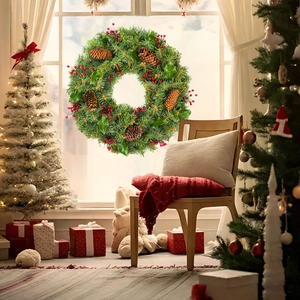 Close-up of realistic Christmas wreath with pine needles, red berries and pinecones
