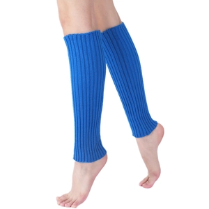 Detail of blue ribbed knit leg warmers for women showing the texture and vibrant color
