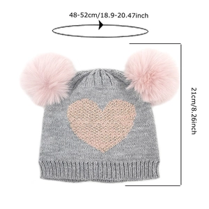 Kids grey knitted hat with pink faux fur pom-poms and sequin heart, size 48-52cm
