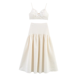 Haut À Bretelles Et Jupe Maxi Femme Élégant Applique Florale 3D Taille Haute Texture Gaufre Jacquard Sans Manches