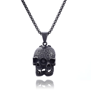 Vintage double-sided one-eyed skull stainless steel pendant on a sturdy box chain