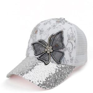 Breathable mesh baseball cap with silver sequins and a large black lace rhinestone bow