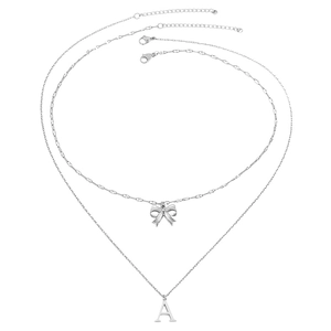 Double-layered silver stainless steel necklace featuring bow and initial A pendant