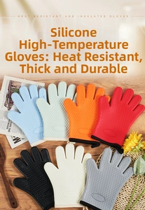 Heat resistant silicone oven mitts in seven colors with non-slip heart pattern texture