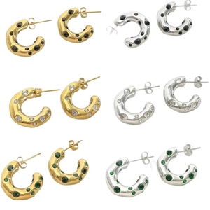 Set of chunky C-shape hoop earrings in gold and silver with colorful crystal stones