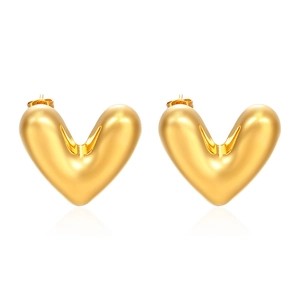 Polished 18K gold-plated stainless steel hollow heart stud earrings on a white background