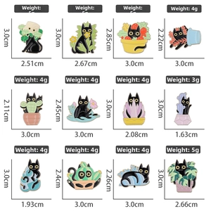 Detailed size guide for cute cartoon black cat flower enamel pin badges set