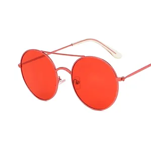 Retro round metal sunglasses with ocean red lenses and stylish double bridge frame