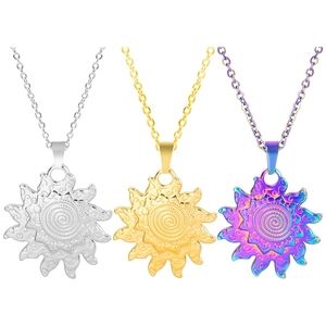 Detailed view of sunburst pendants in gold, silver and aurora finishes on fine chains