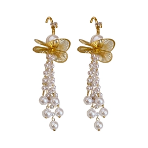 Elegant gold lotus leaf earrings with zircon, pearls, and tassel drop fringe for women