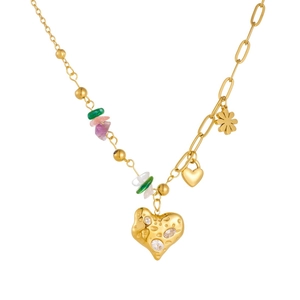 Gold plated stainless steel heart pendant necklace with colorful stone beads and crystals