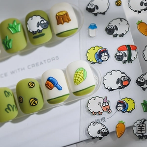 3D embossed cartoon sheep nail stickers with farm motifs on a minimalist background
