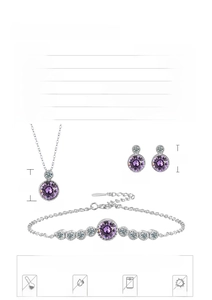 Detailed view of S925 silver jewelry set with purple heart stones and dimensions