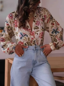 Women Polyester Spandex Floral Print Blouse Long Sleeve V Neck Button Down Shirt Bohemian Vintage Casual Loose Fit Top