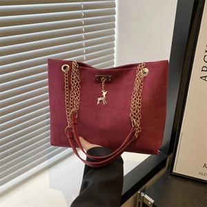 Damen Vintage Kunstwildleder Tote Bag Goldene Kette Schultertasche Mit Hirsch Anhänger Pendler Handtasche Groß