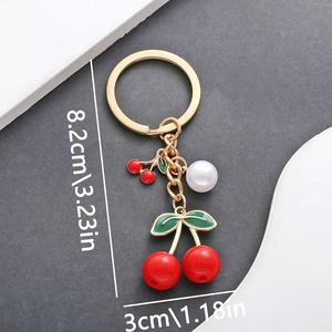 Alloy Drip Oil Cherry Keychain With Faux Artificial Pearl Gold Silver Red Black Fruit Shape Bag Hanging Pendant Decoration For Women