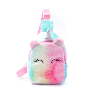 Rainbow plush unicorn crossbody bag with adjustable strap and silver glitter horn