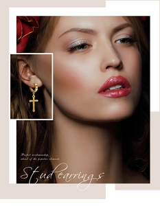 Fashionable golden cross hoop earring shown on female model with macro detail